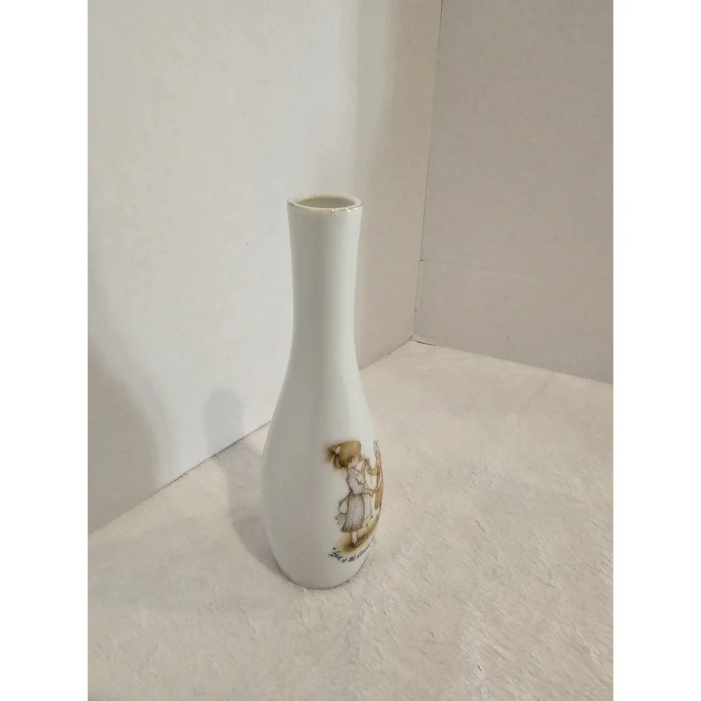 Vintage‎ White Porcelain Bud Vase Child Illustration 